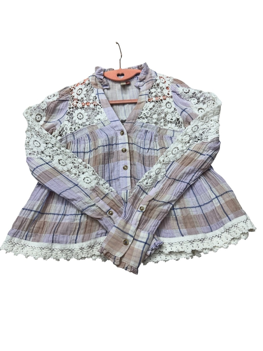 Light Purple Plaid Crochet Trim Button-Up Top - Picture 9 of 14